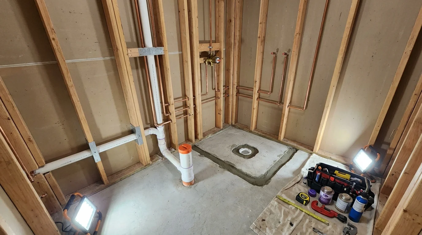 Bathroom rough-in plumbing during remodel by Johns Plumbing LLC in Eudora