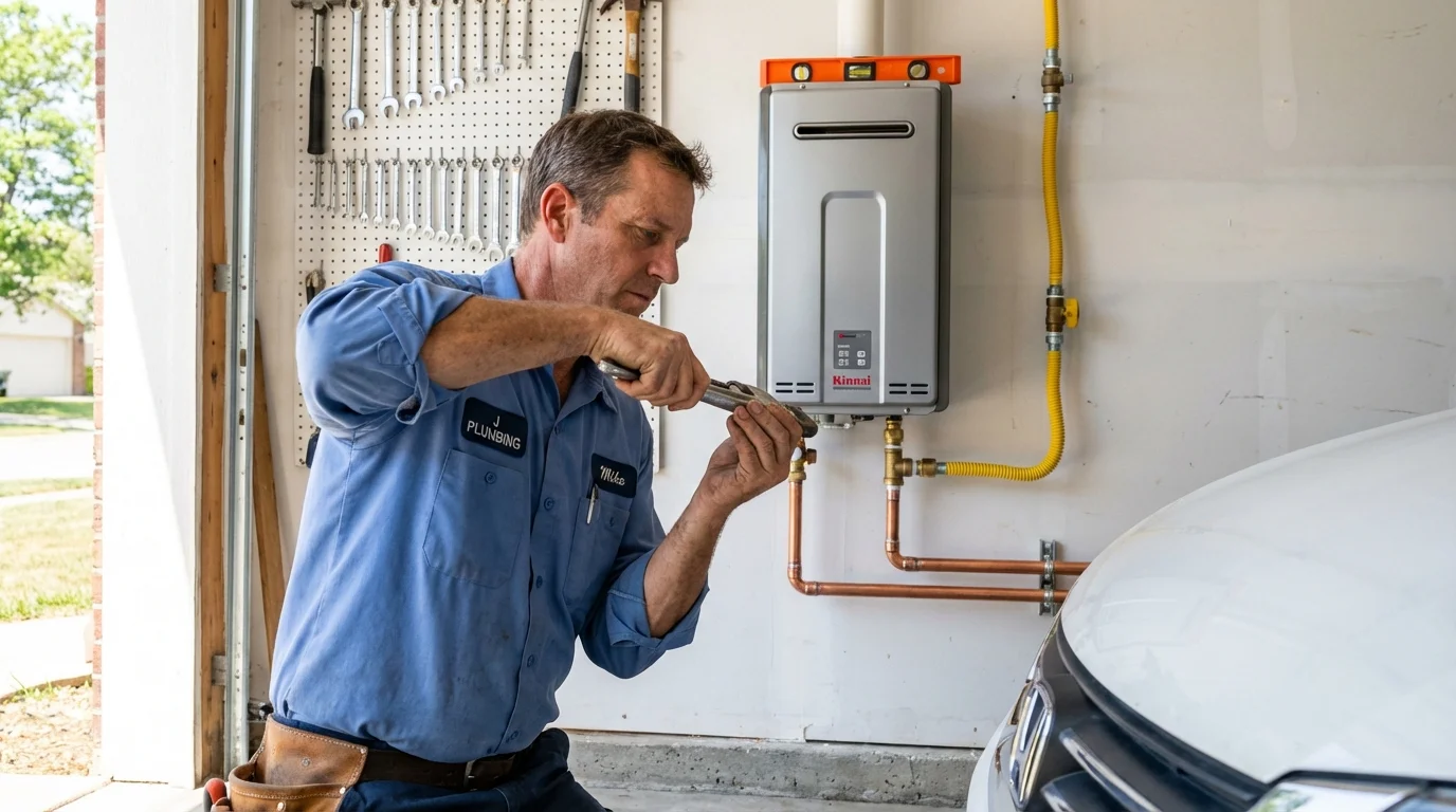 Tankless water heater installation by a Johns Plumbing LLC plumber in Eudora