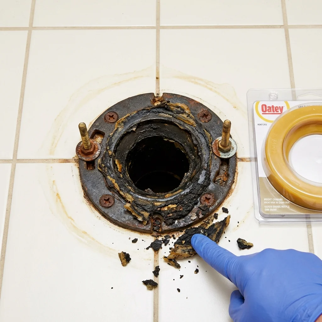 Failed wax ring showing water seepage at the base of a toilet in a Eudora, AR home
