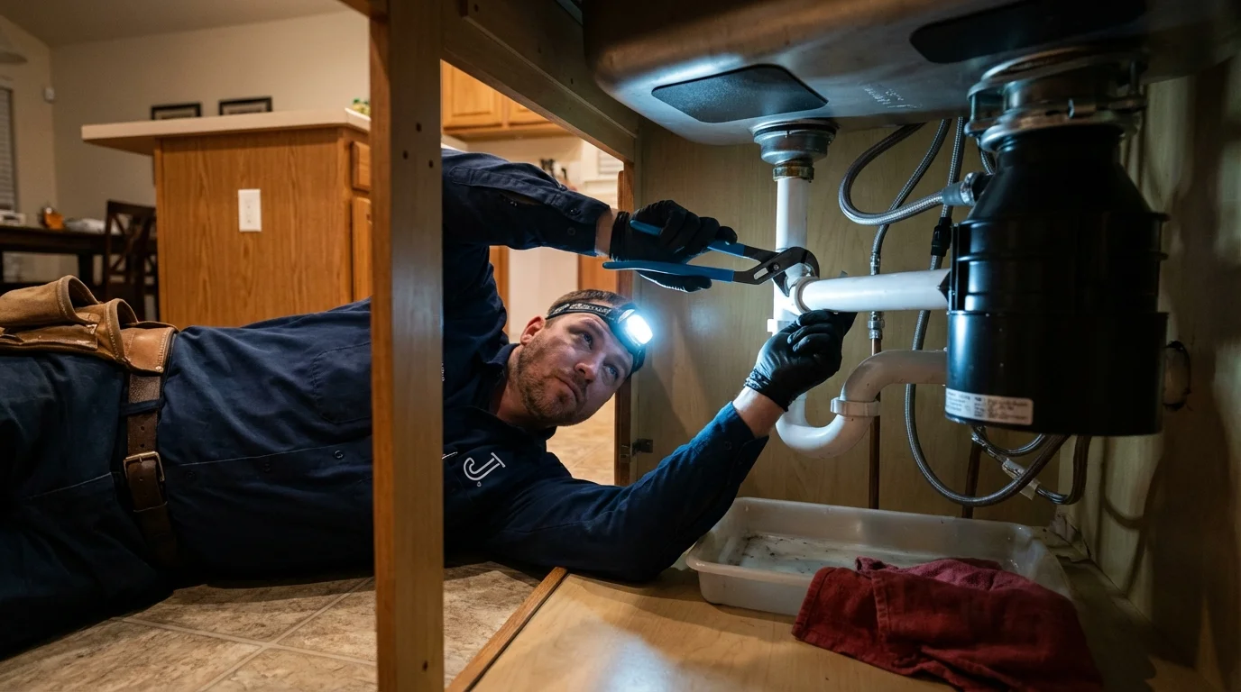 P-trap and supply line connections under a kitchen sink showing a common leak point in Eudora, AR